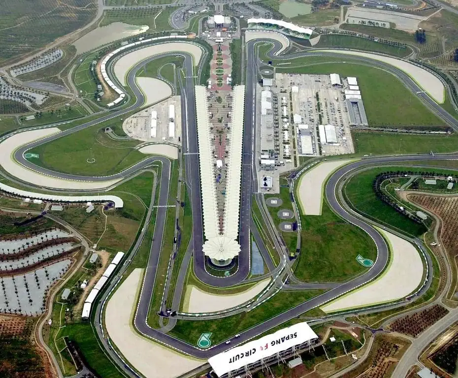 Aerial view of Sepang International Circuit, with the main grandstand between the two long straights